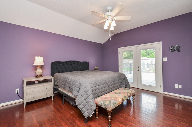 bedroom featuring access to exterior, baseboards, french doors, wood finished floors, and vaulted ceiling