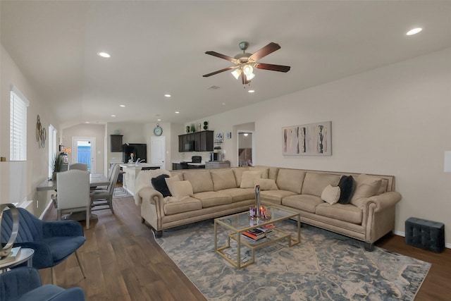 2415 Allendale Garden Ln, Spring, TX 77373 - living area with wood finished floors, ceiling fan, recessed lighting, baseboards, and lofted ceiling