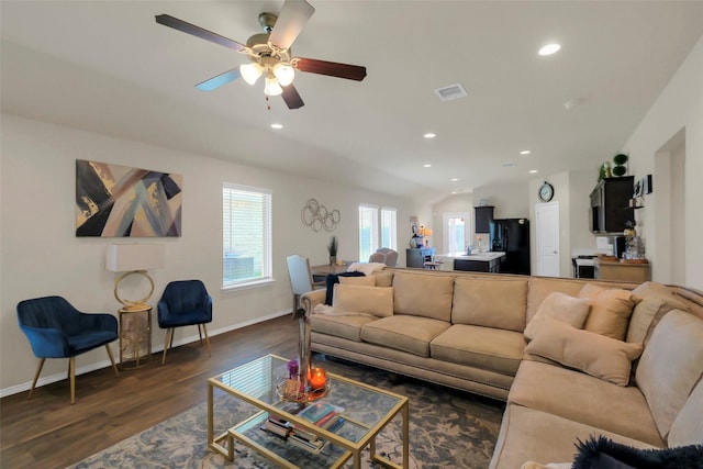 2415 Allendale Garden Ln, Spring, TX 77373 - living room featuring dark wood-style floors, recessed lighting, a ceiling fan, and baseboards