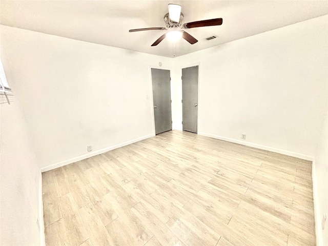 8038 Woodlyn Rd, Houston, TX 77028 - empty room with visible vents, light wood finished floors, ceiling fan, and baseboards