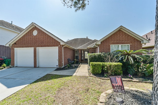 20319 Concord Hill Dr, Cypress, TX 77433 - ranch-style home with concrete driveway, brick siding, an attached garage, and a shingled roof