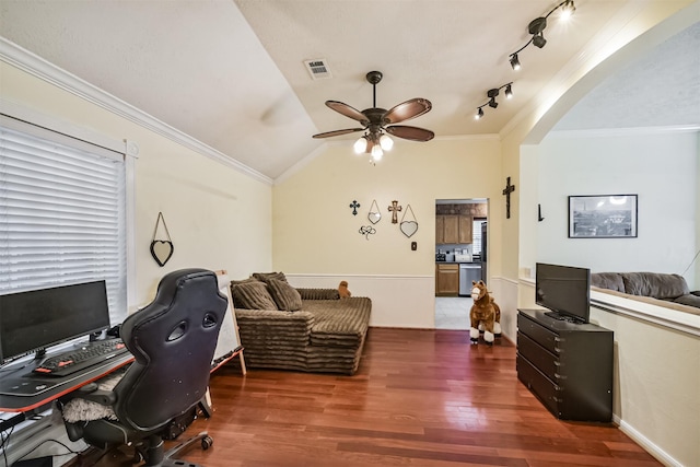 20319 Concord Hill Dr, Cypress, TX 77433 - office with visible vents, arched walkways, crown molding, and ceiling fan