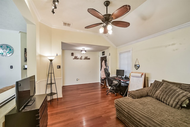 20319 Concord Hill Dr, Cypress, TX 77433 - living room with visible vents, ornamental molding, ceiling fan, and wood finished floors