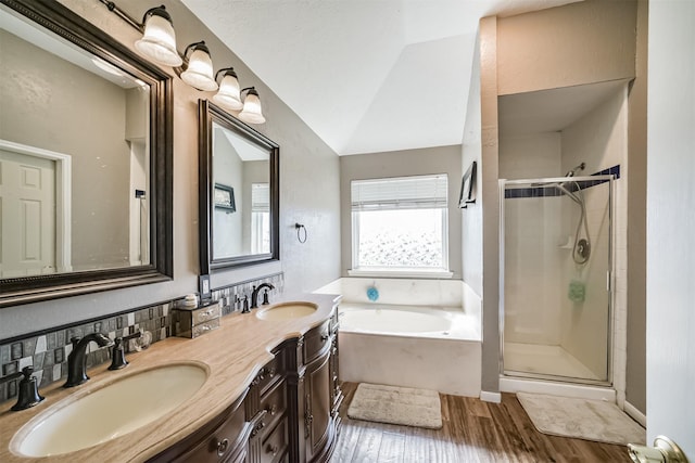 20319 Concord Hill Dr, Cypress, TX 77433 - bathroom featuring a shower stall, a sink, a garden tub, and wood finished floors