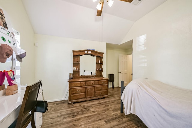 20319 Concord Hill Dr, Cypress, TX 77433 - bedroom with visible vents, a ceiling fan, baseboards, vaulted ceiling, and dark wood-style floors