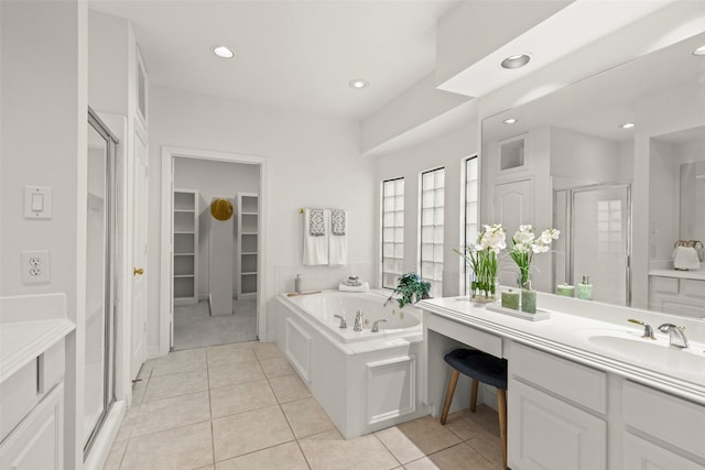 5514 Chase Hbr, Houston, TX 77041 - full bathroom with a stall shower, tile patterned floors, vanity, a spacious closet, and recessed lighting