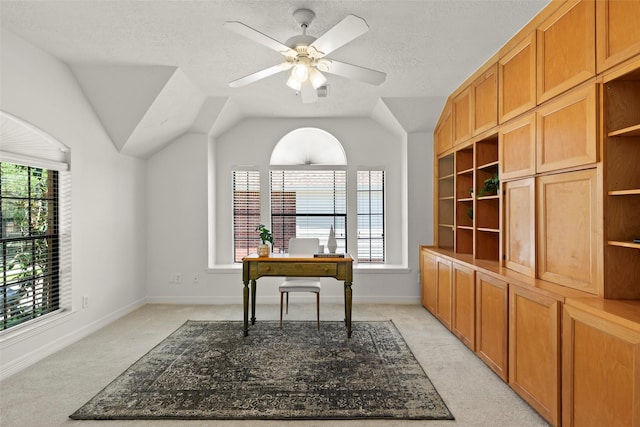 5514 Chase Hbr, Houston, TX 77041 - home office featuring light carpet, plenty of natural light, lofted ceiling, baseboards, and a ceiling fan