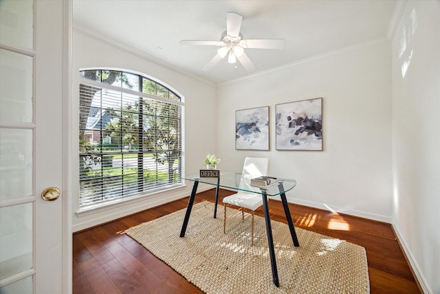 5514 Chase Hbr, Houston, TX 77041 - home office featuring ornamental molding, dark wood-style floors, baseboards, and ceiling fan