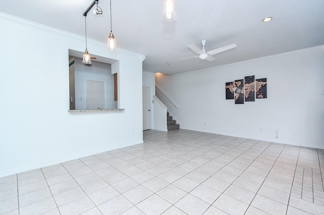 unfurnished living room with crown molding, stairs, a ceiling fan, recessed lighting, and light tile patterned floors