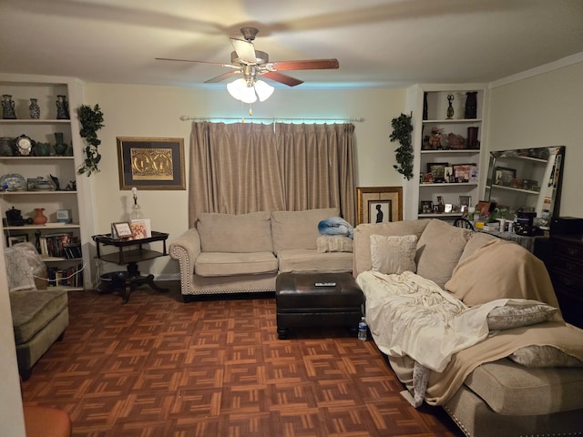living room featuring a ceiling fan