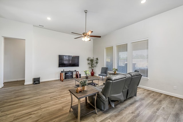 41015 Kimber Ln, Magnolia, TX 77354 - living room featuring baseboards, recessed lighting, light wood finished floors, and ceiling fan