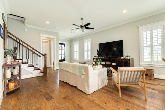 12 Caravelle Ct, Galveston, TX 77554 - living area featuring wood finished floors, healthy amount of natural light, stairway, recessed lighting, and a ceiling fan