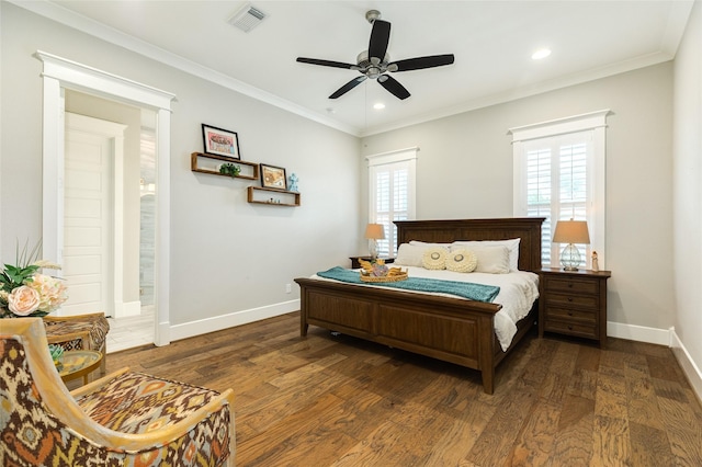 12 Caravelle Ct, Galveston, TX 77554 - bedroom featuring baseboards, wood finished floors, recessed lighting, ornamental molding, and a ceiling fan