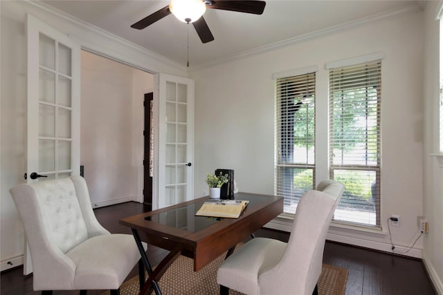 12542 Savage Ct, Magnolia, TX 77354 - dining area featuring dark wood finished floors, french doors, plenty of natural light, ornamental molding, and a ceiling fan