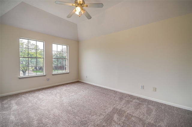 unfurnished room featuring carpet floors, baseboards, and ceiling fan