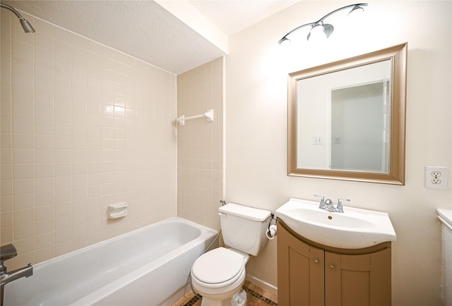 bathroom with shower / bath combination, vanity, toilet, and a textured ceiling