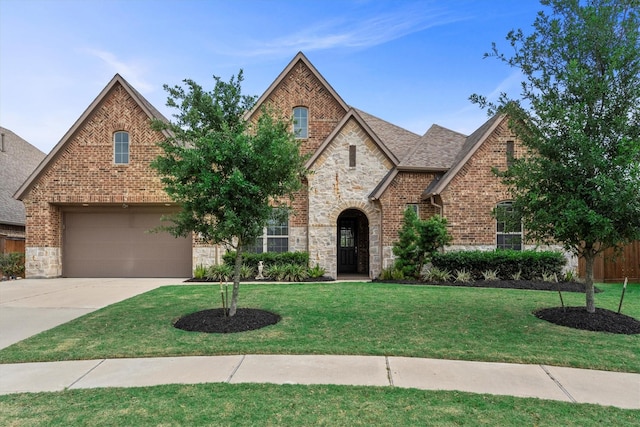 19506 Timberlake Glen Trl, Cypress, TX 77433 - view of front of house with concrete driveway, a front yard, stone siding, and a garage