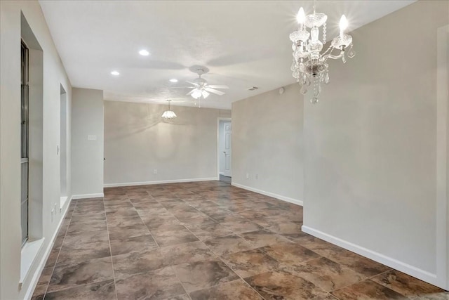 11438 Sageyork Dr, Houston, TX 77089 - empty room with recessed lighting, baseboards, and ceiling fan with notable chandelier