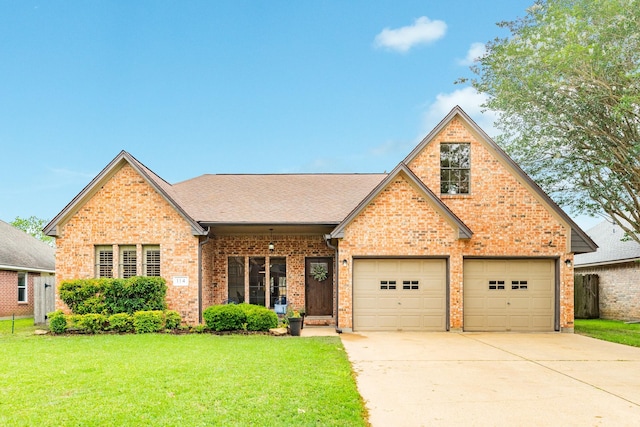 view of front of home with a garage, concrete driveway, a front lawn, and brick siding
