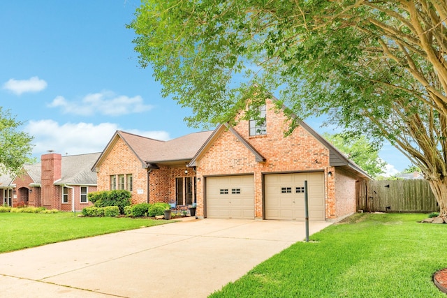 traditional-style house featuring fence, concrete driveway, a front lawn, and brick siding