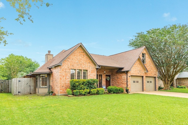 ranch-style house with concrete driveway, a front yard, and brick siding
