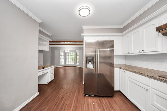 15510 Jersey Dr, Jersey Village, TX 77040 - kitchen featuring stainless steel fridge with ice dispenser, white cabinetry, dark wood-type flooring, decorative backsplash, and ornamental molding