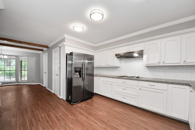 15510 Jersey Dr, Jersey Village, TX 77040 - kitchen with crown molding, white cabinets, stainless steel fridge, under cabinet range hood, and dark wood-style floors