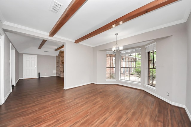 15510 Jersey Dr, Jersey Village, TX 77040 - empty room with a chandelier, wood finished floors, and beamed ceiling