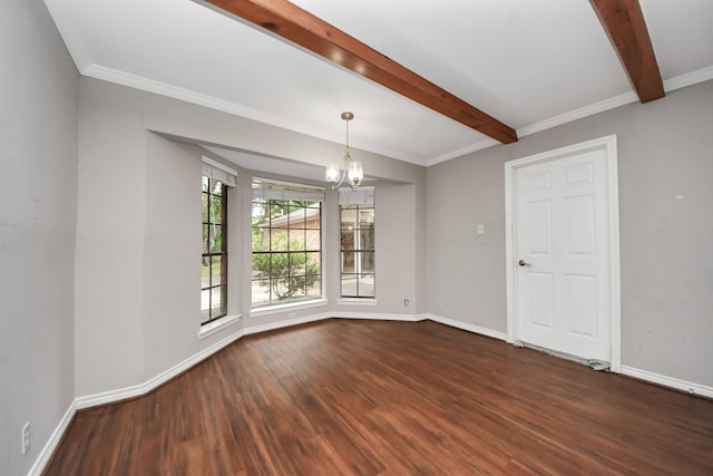 15510 Jersey Dr, Jersey Village, TX 77040 - unfurnished dining area with beamed ceiling, a chandelier, and dark wood-style floors