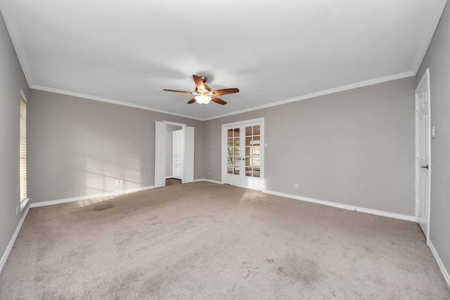15510 Jersey Dr, Jersey Village, TX 77040 - carpeted empty room featuring a ceiling fan, french doors, and ornamental molding