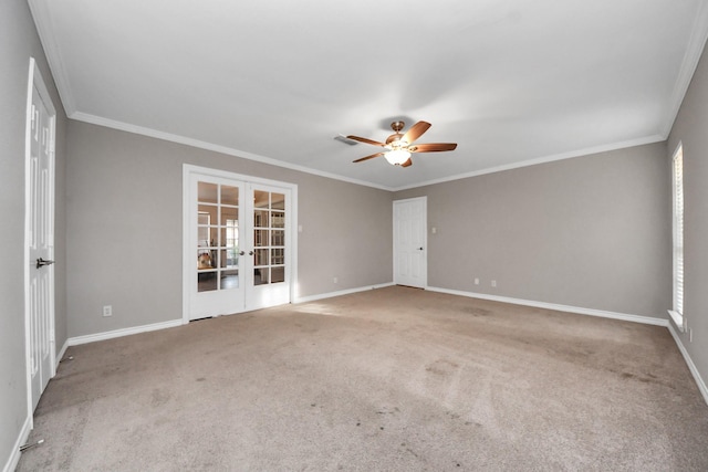 15510 Jersey Dr, Jersey Village, TX 77040 - carpeted empty room featuring french doors, ceiling fan, and crown molding