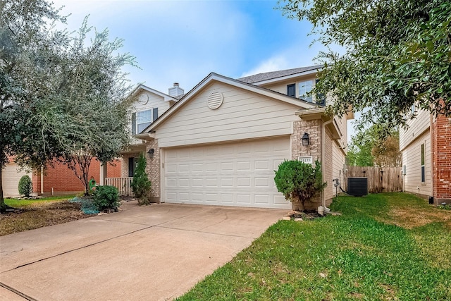 traditional-style home featuring a garage, central AC, a front yard, brick siding, and driveway