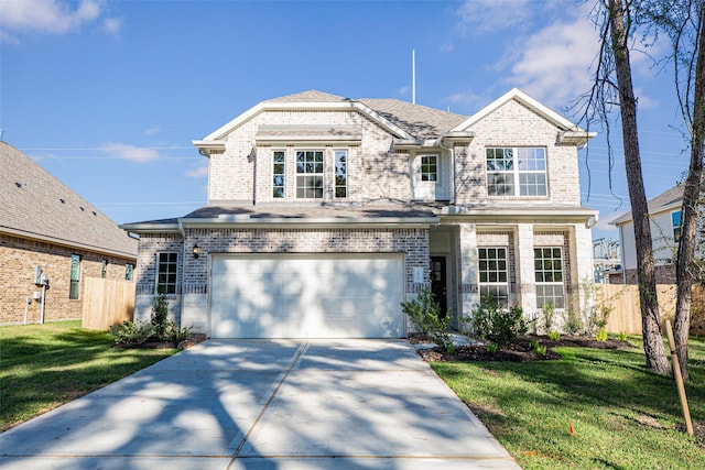 traditional home featuring fence, an attached garage, brick siding, a front yard, and concrete driveway