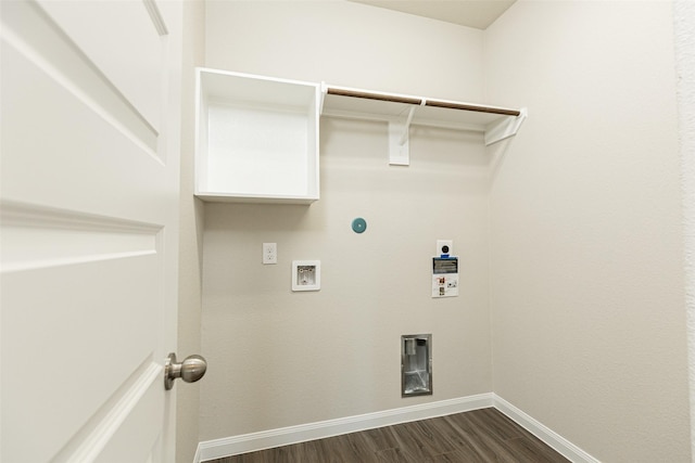 clothes washing area with washer hookup, hookup for an electric dryer, laundry area, dark wood-style flooring, and baseboards