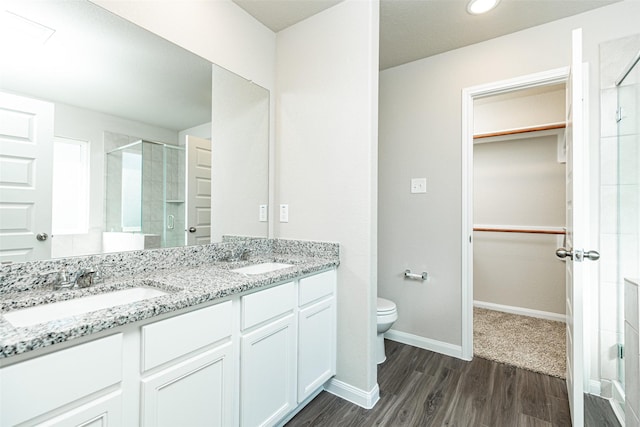full bathroom featuring a sink, a walk in closet, and a shower stall