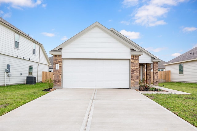 ranch-style home featuring concrete driveway, brick siding, fence, and a front lawn