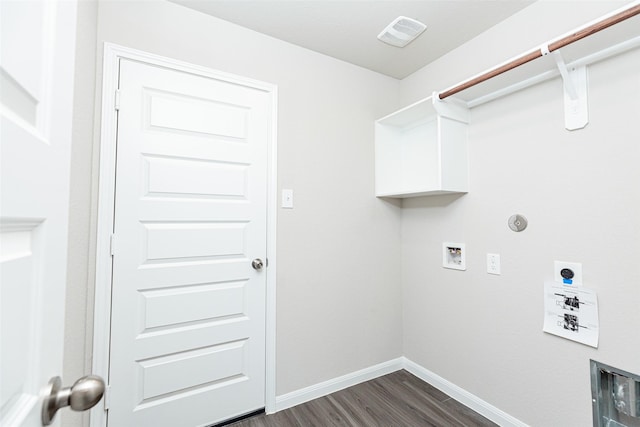 laundry area featuring washer hookup, laundry area, dark wood-style flooring, electric dryer hookup, and baseboards