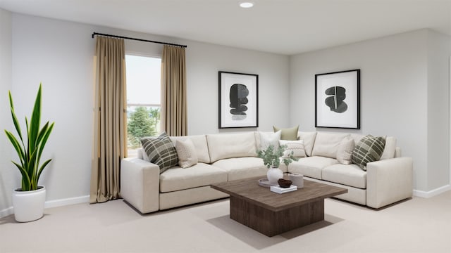 living area with recessed lighting, baseboards, and light carpet