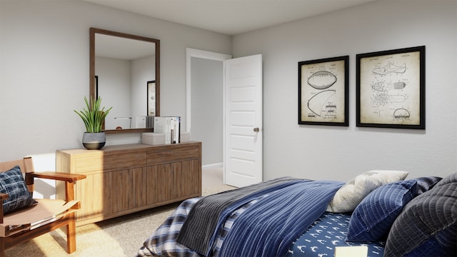 bedroom with light colored carpet