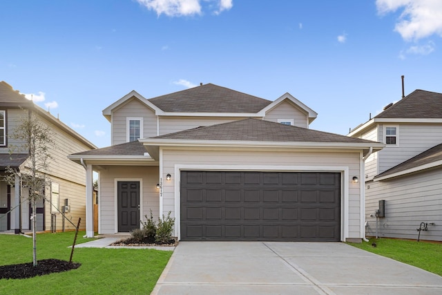13617 Goldeye Dr, Conroe, TX 77384 - traditional-style home with concrete driveway, roof with shingles, an attached garage, and a front yard