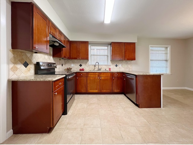 kitchen featuring a sink, dishwasher, a peninsula, black range with electric cooktop, and under cabinet range hood