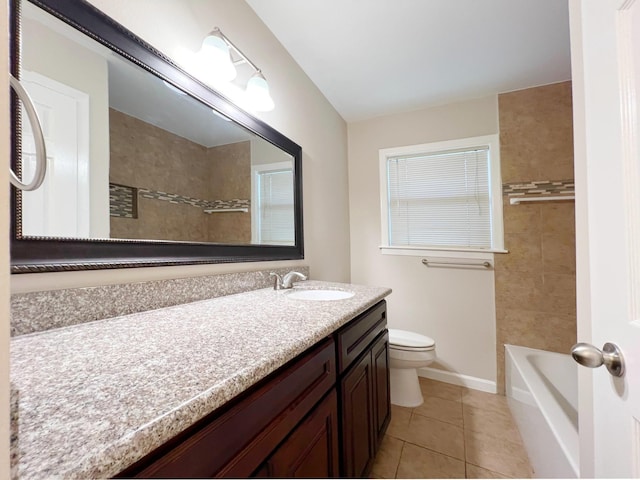 bathroom with tile patterned flooring, vanity, a shower, toilet, and a bathtub