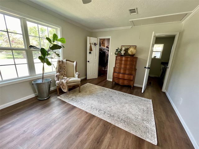 living area with a healthy amount of sunlight, attic access, a textured ceiling, and visible vents