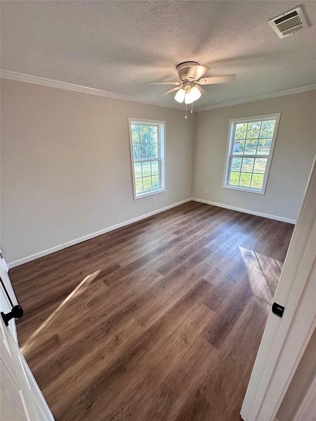 spare room featuring a wealth of natural light, dark wood-style flooring, and visible vents