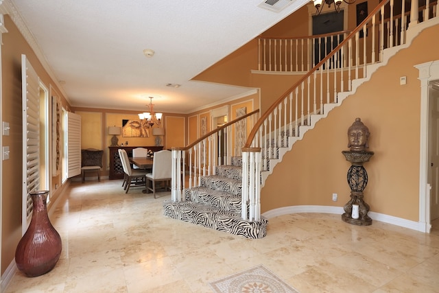 5503 Pebble Springs Dr, Houston, TX 77066 - stairs featuring a chandelier, baseboards, and crown molding