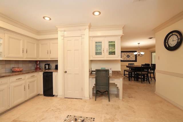 5503 Pebble Springs Dr, Houston, TX 77066 - kitchen featuring ornamental molding, a chandelier, light stone counters, decorative backsplash, and white cabinetry