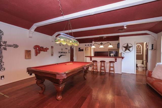 5503 Pebble Springs Dr, Houston, TX 77066 - game room featuring wood-type flooring, billiards table, baseboards, and bar area