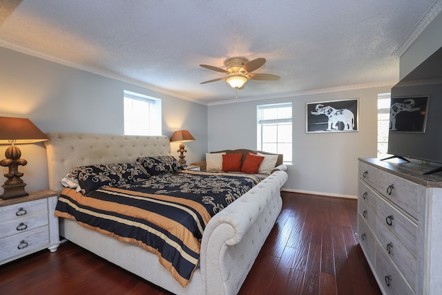 5503 Pebble Springs Dr, Houston, TX 77066 - bedroom with multiple windows, dark wood finished floors, crown molding, a ceiling fan, and baseboards