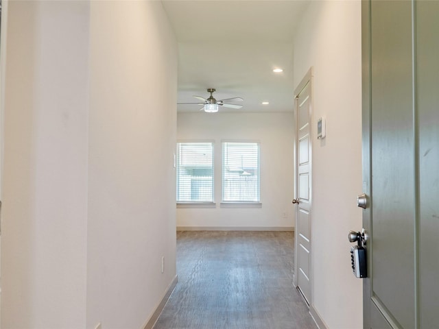 711 Boer Plains Dr, Rosharon, TX 77583 - hallway with recessed lighting, baseboards, and wood finished floors