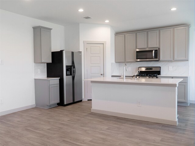 711 Boer Plains Dr, Rosharon, TX 77583 - kitchen with stainless steel appliances, gray cabinetry, a sink, backsplash, and recessed lighting